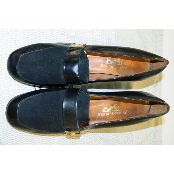 Hermès Paris Vintage Black Leather & Suede Block Heel Loafers Gold "H" Hardware - Picture 15 of 16